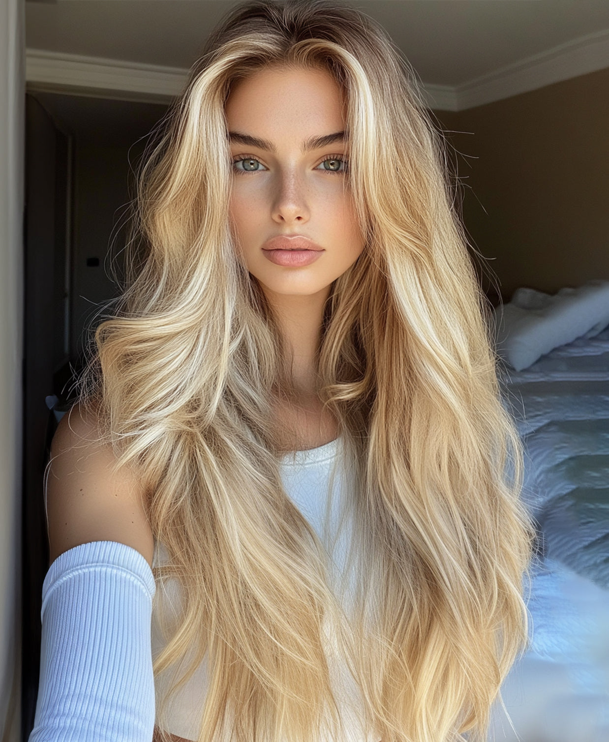 clip-in hair extensions rooted blonde.