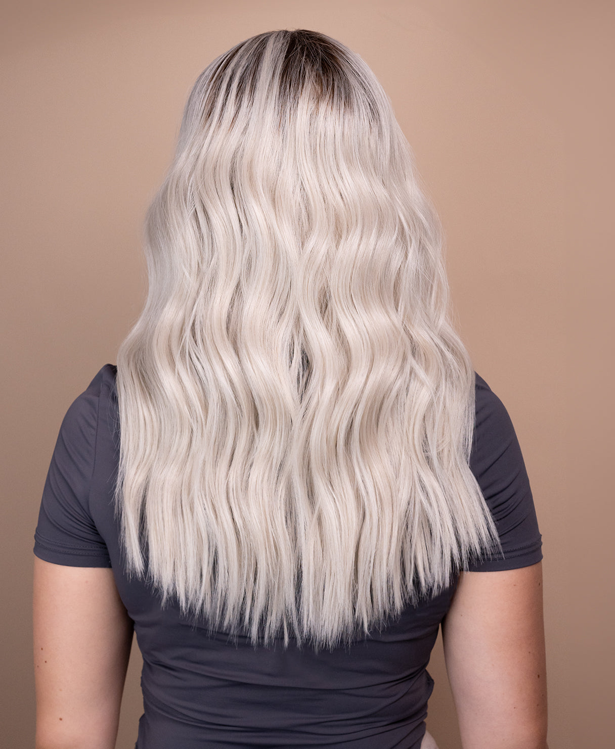 vegan fiber wavy wig - 20" rooted white blonde.