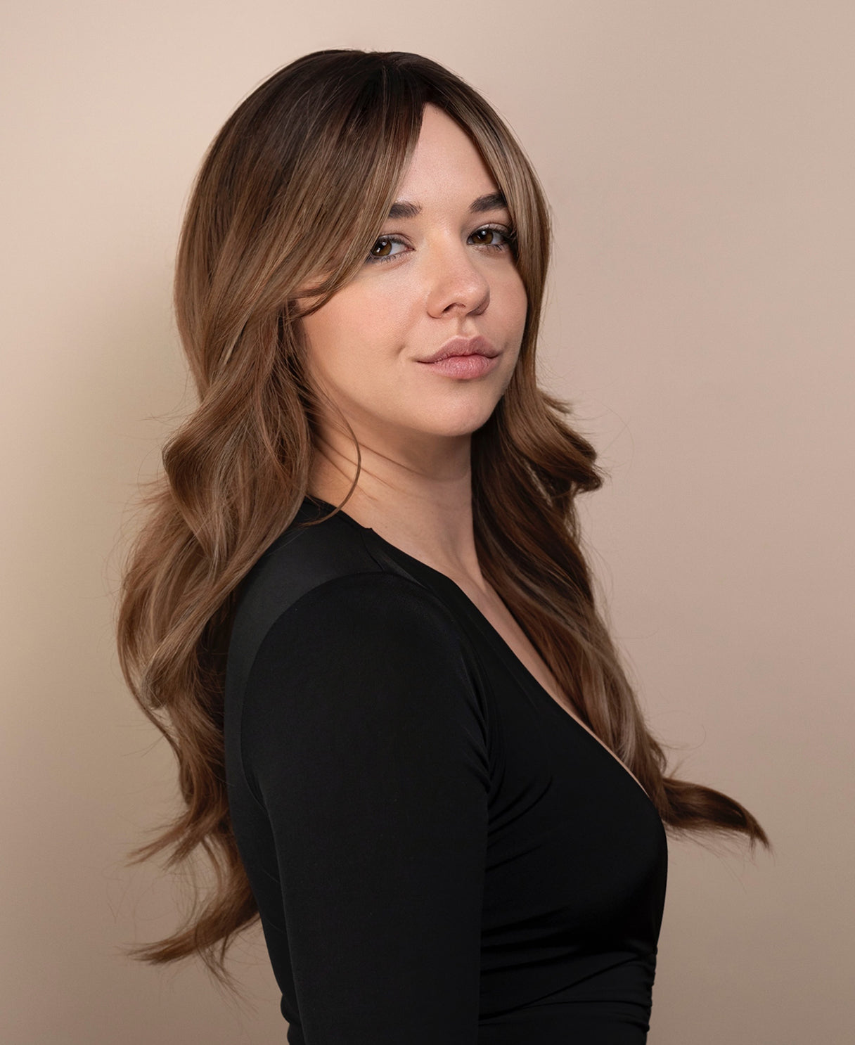 vegan fiber wig - 24" layered brown balayage.