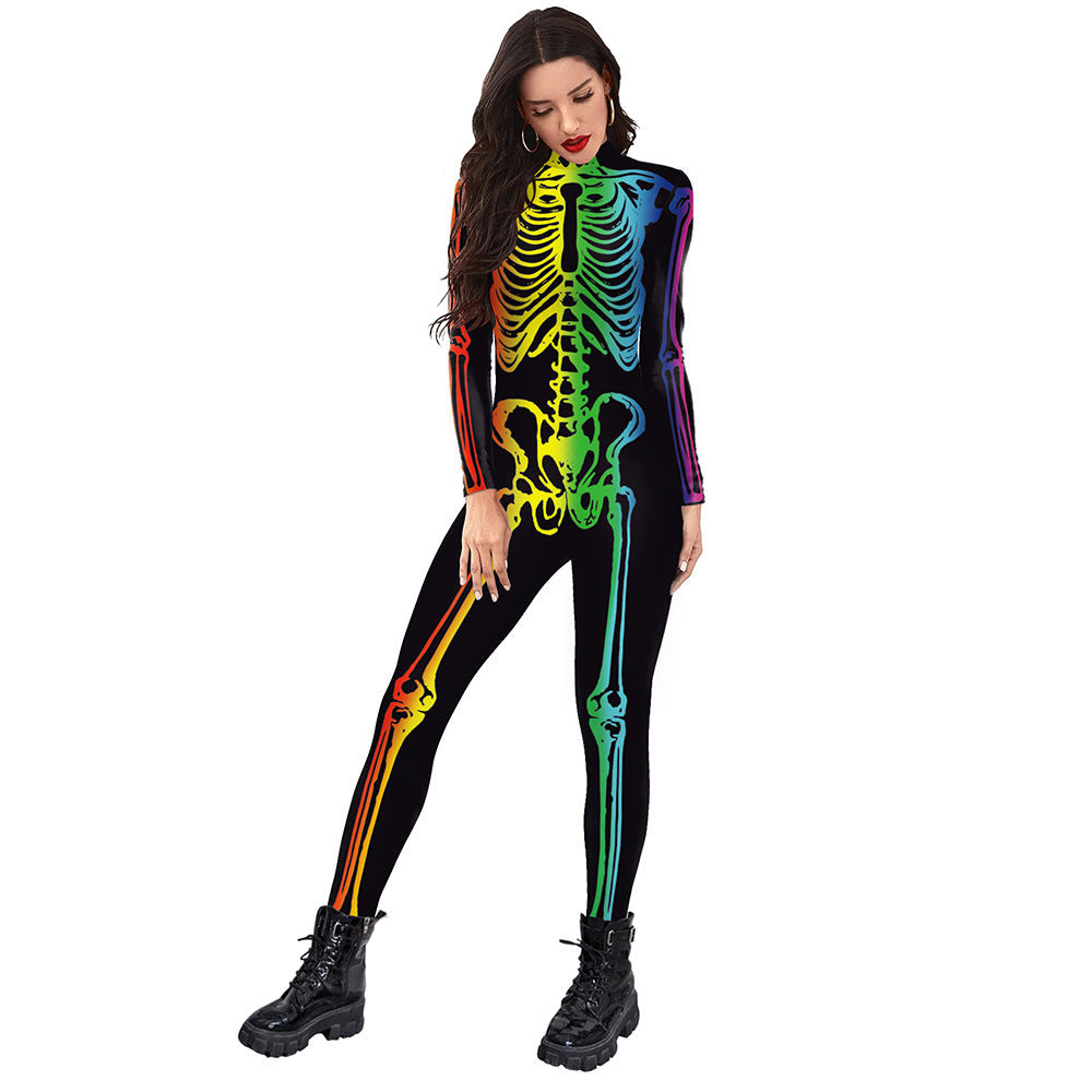 Sainishops™New Halloween Colorful Human Skeleton Print Jumpsuit