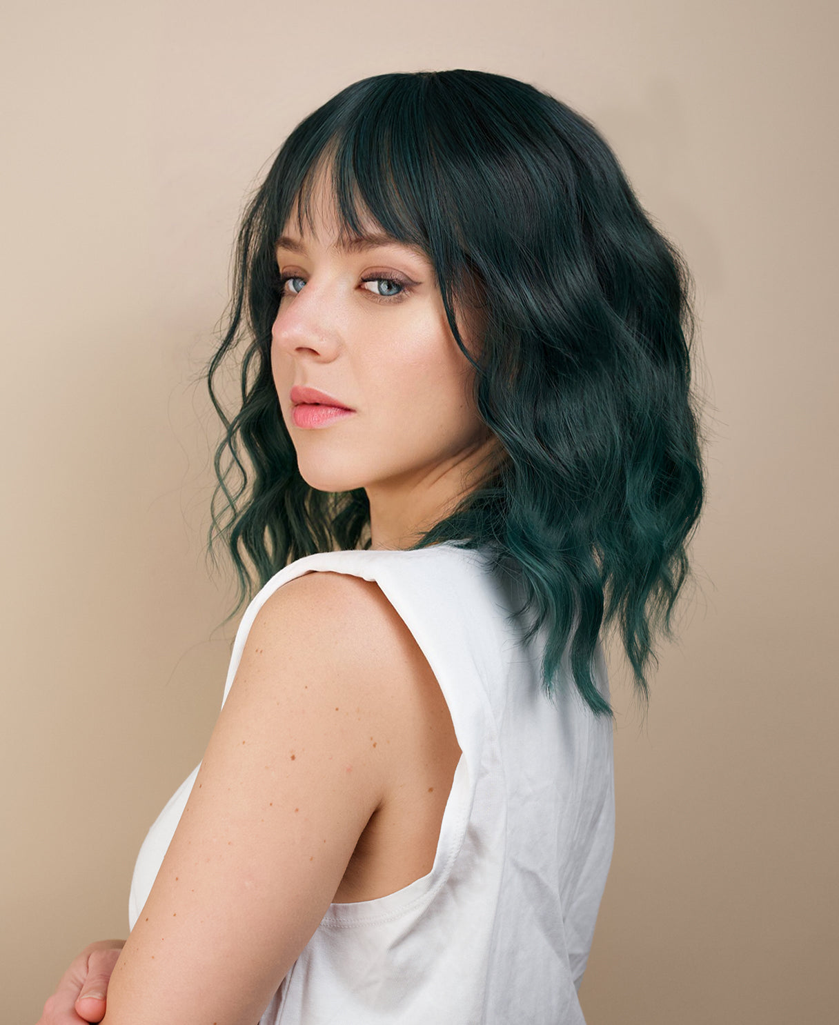 vegan fiber wig - 16" dimensional teal with fringe.
