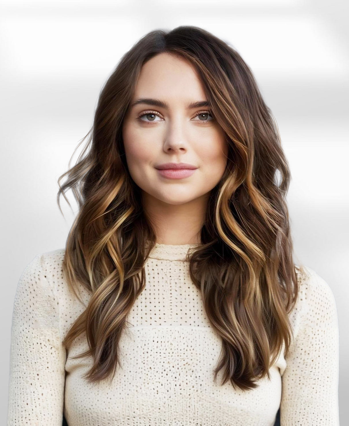 tape-in hair extensions rooted beige highlights.