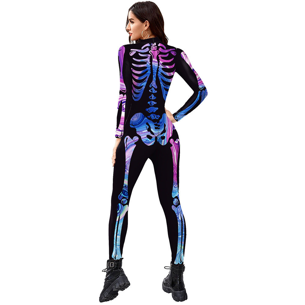 Sainishops™New Halloween Colorful Human Skeleton Print Jumpsuit