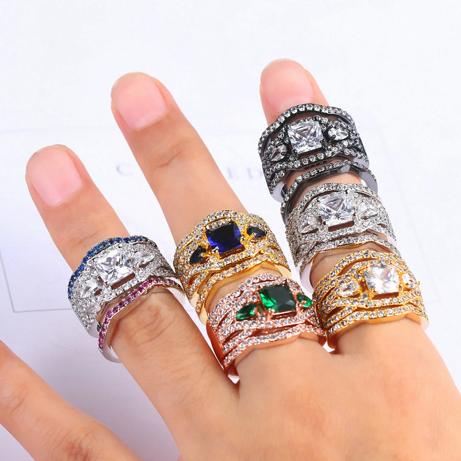 Sainishops™Princess Cut Three Stone 3PC Wedding Set Engagement Ring Set