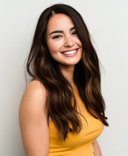 tape-in hair extensions mocha balayage.