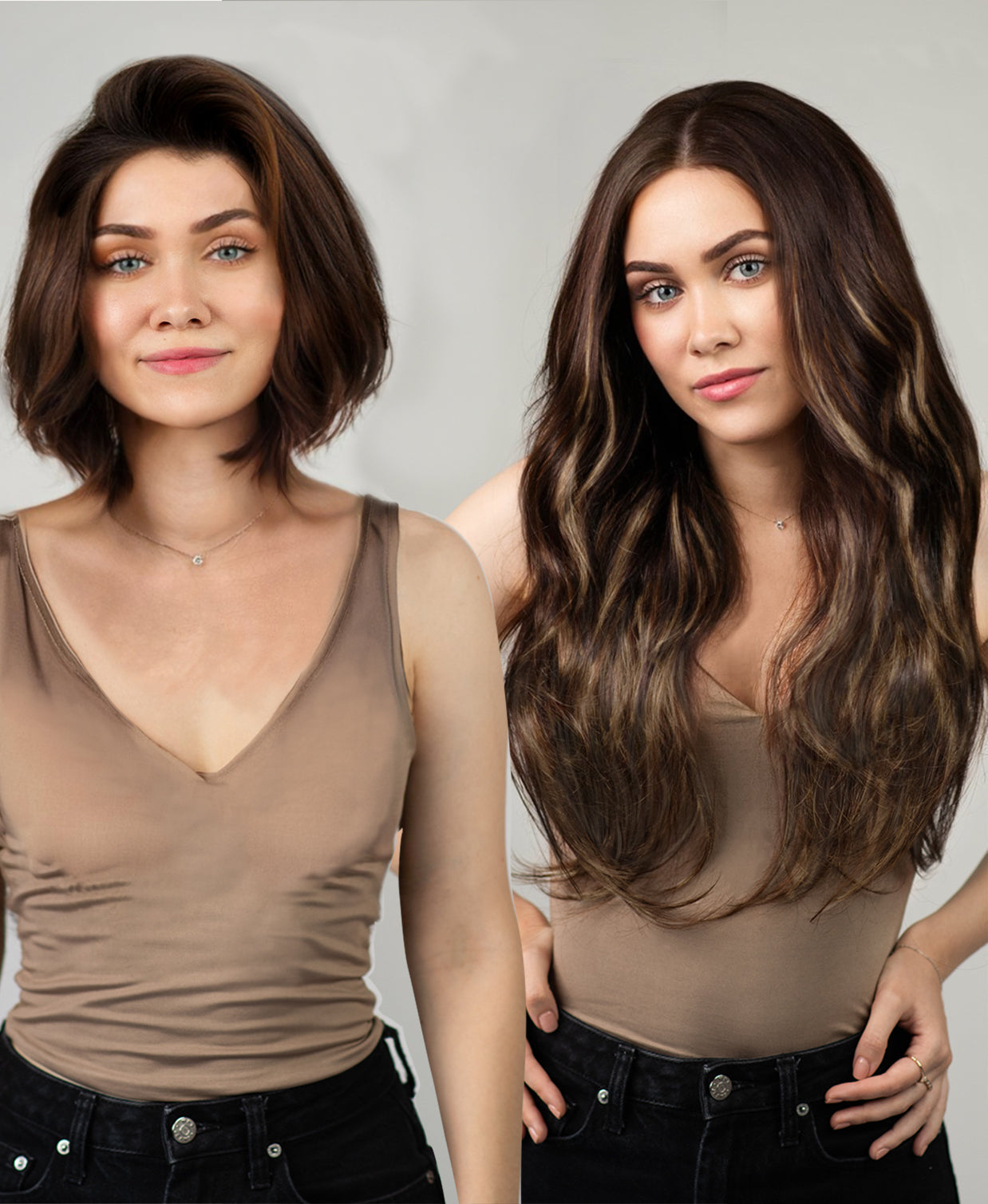 tape-in hair extensions ash brown balayage.