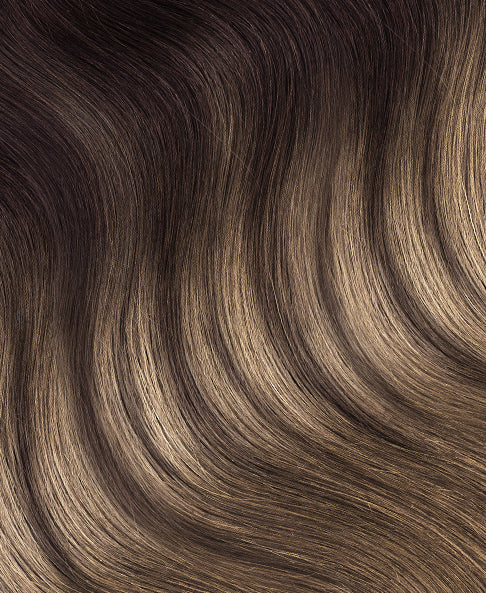 tape-in hair extensions ash brown balayage.