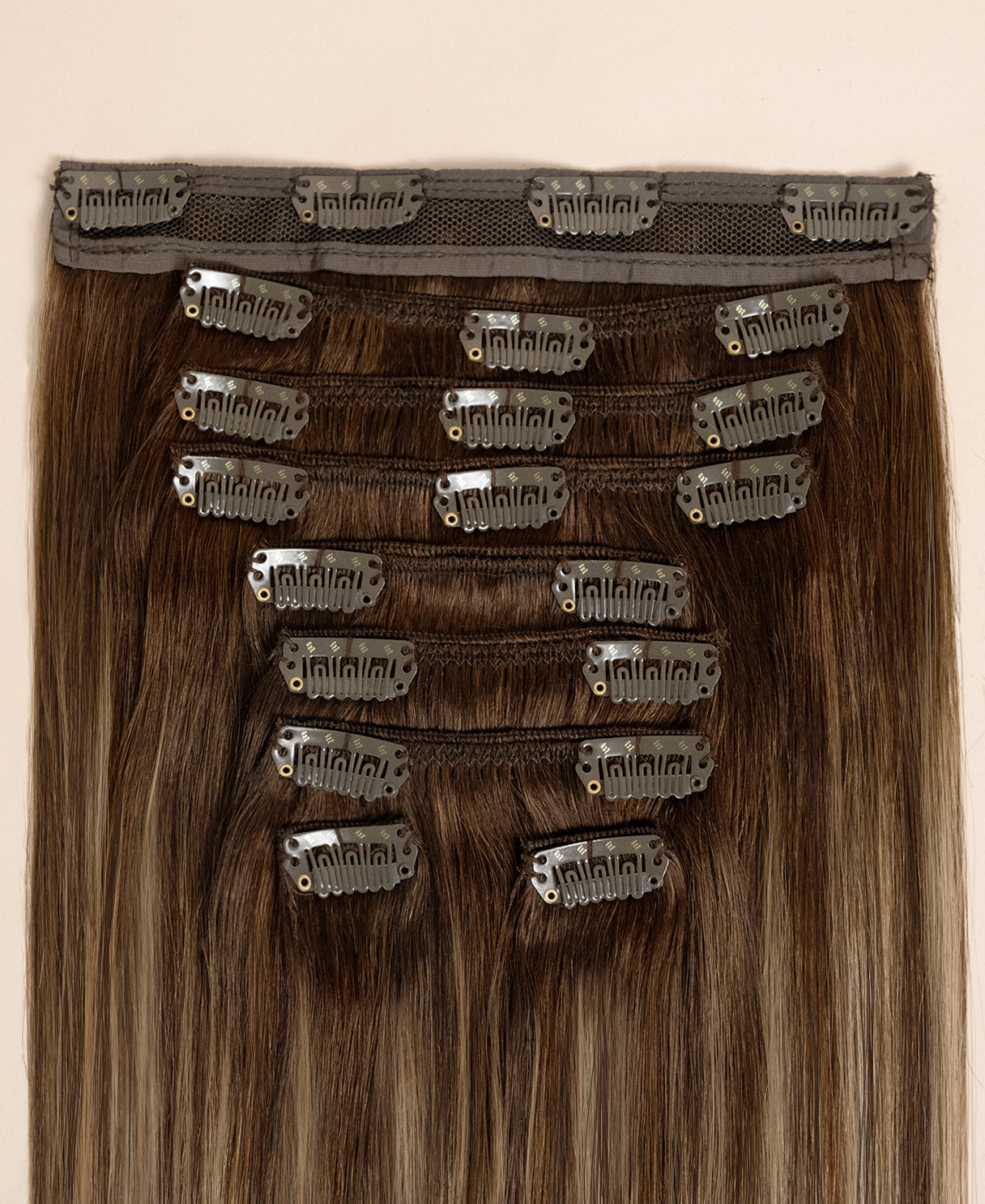 clip-in hair extensions brown balayage.