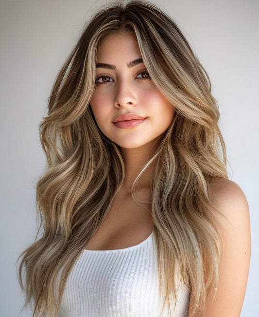 clip-in hair extensions rooted beige highlights.
