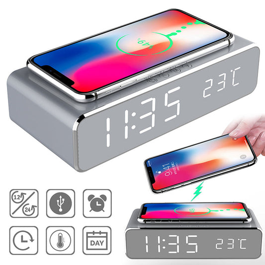 3in1 LED Digital Alarm Clock with Wireless Fast Charging Mirror Display & Thermometer