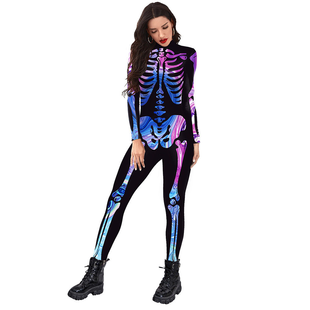 Sainishops™New Halloween Colorful Human Skeleton Print Jumpsuit