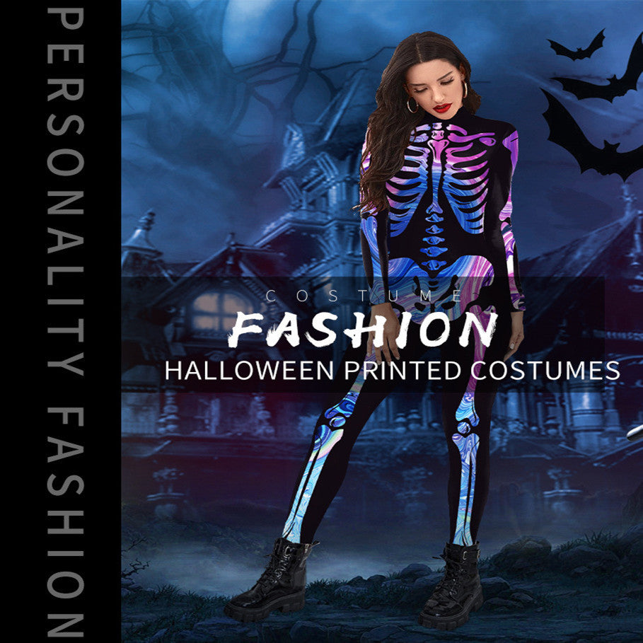 Sainishops™New Halloween Colorful Human Skeleton Print Jumpsuit