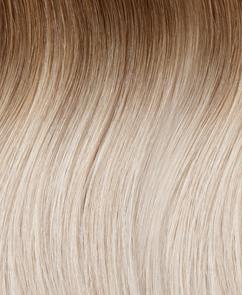 tape-in hair extensions shadow root white blonde.