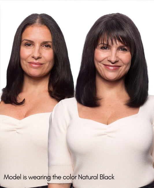 hair topper with bangs 12" natural black.