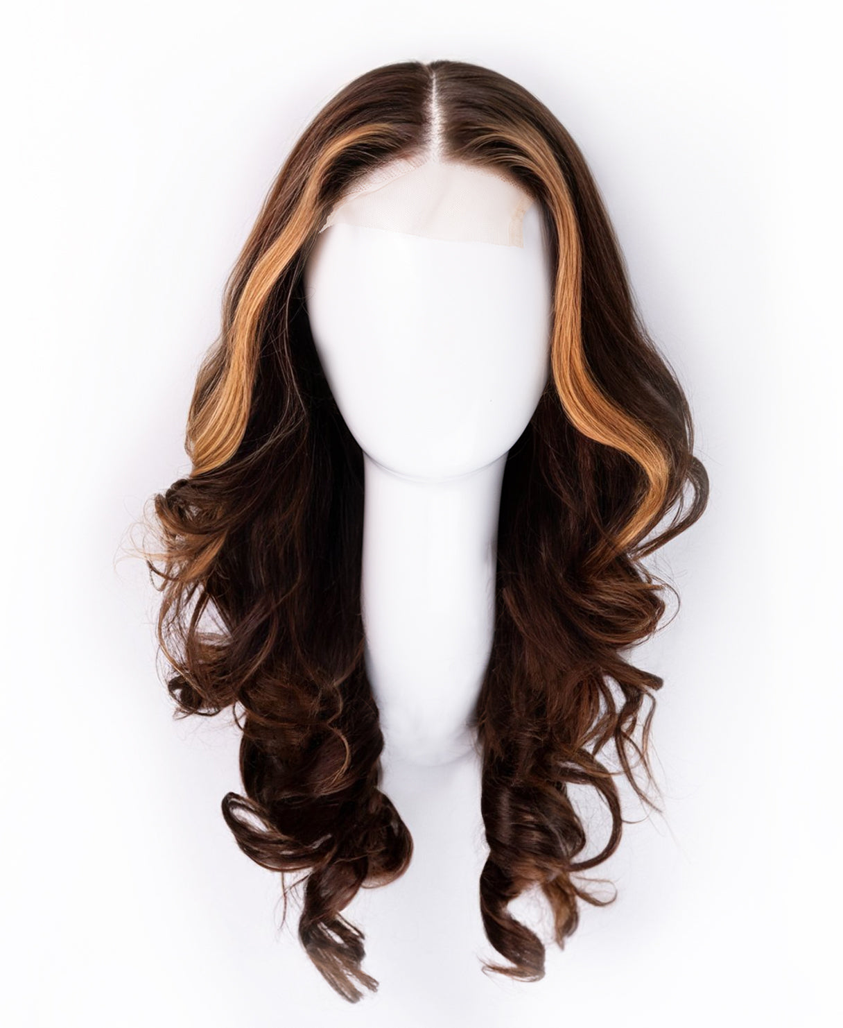 lace front human wig - 18" chocolate brown with moneypiece highlights.
