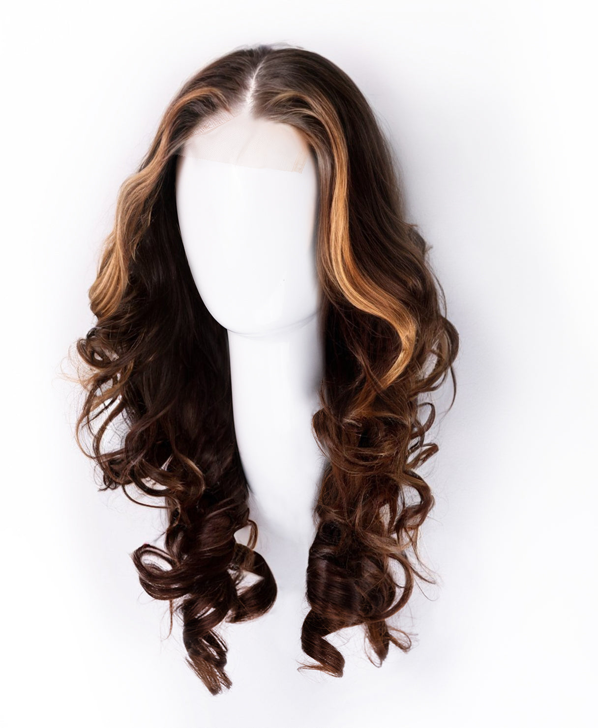 lace front human wig - 18" chocolate brown with moneypiece highlights.
