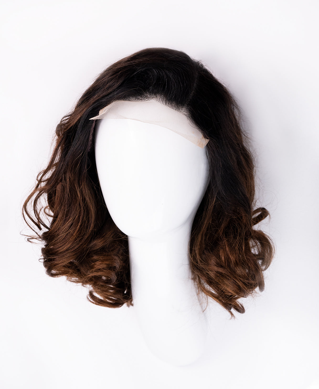 lace front human wig - 10" rooted brown bouncy curls.