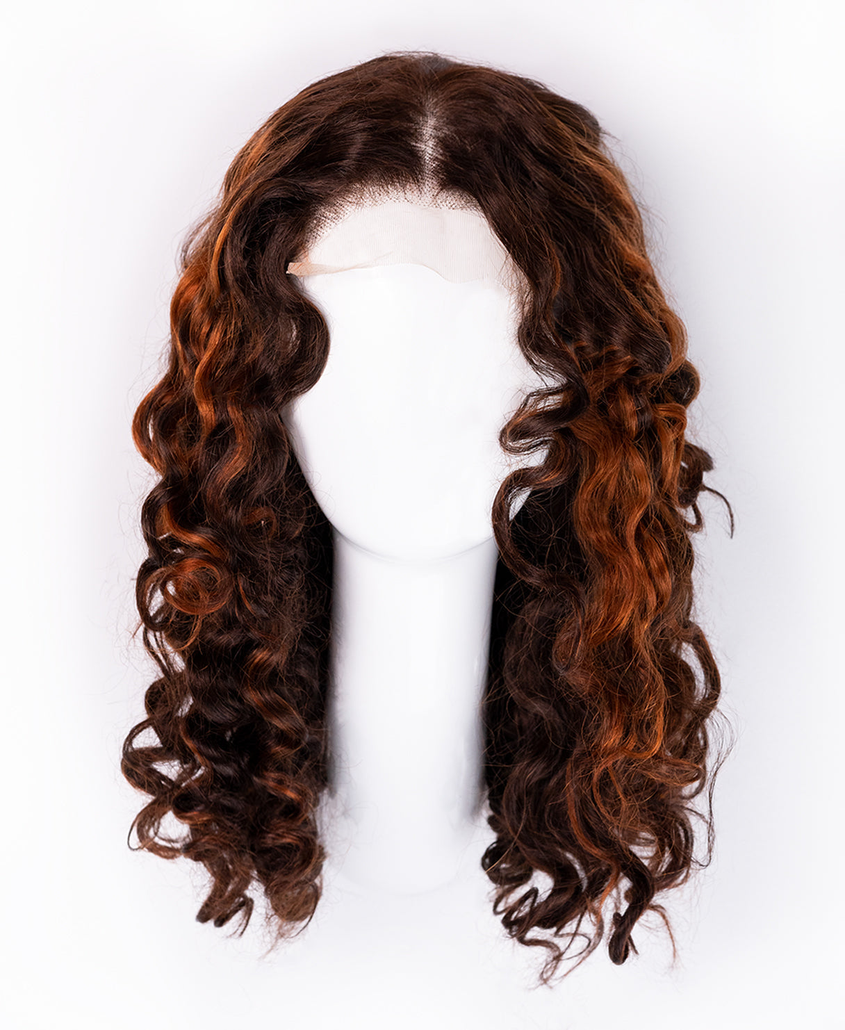 lace front human wig - 16" curly brown with highlights.