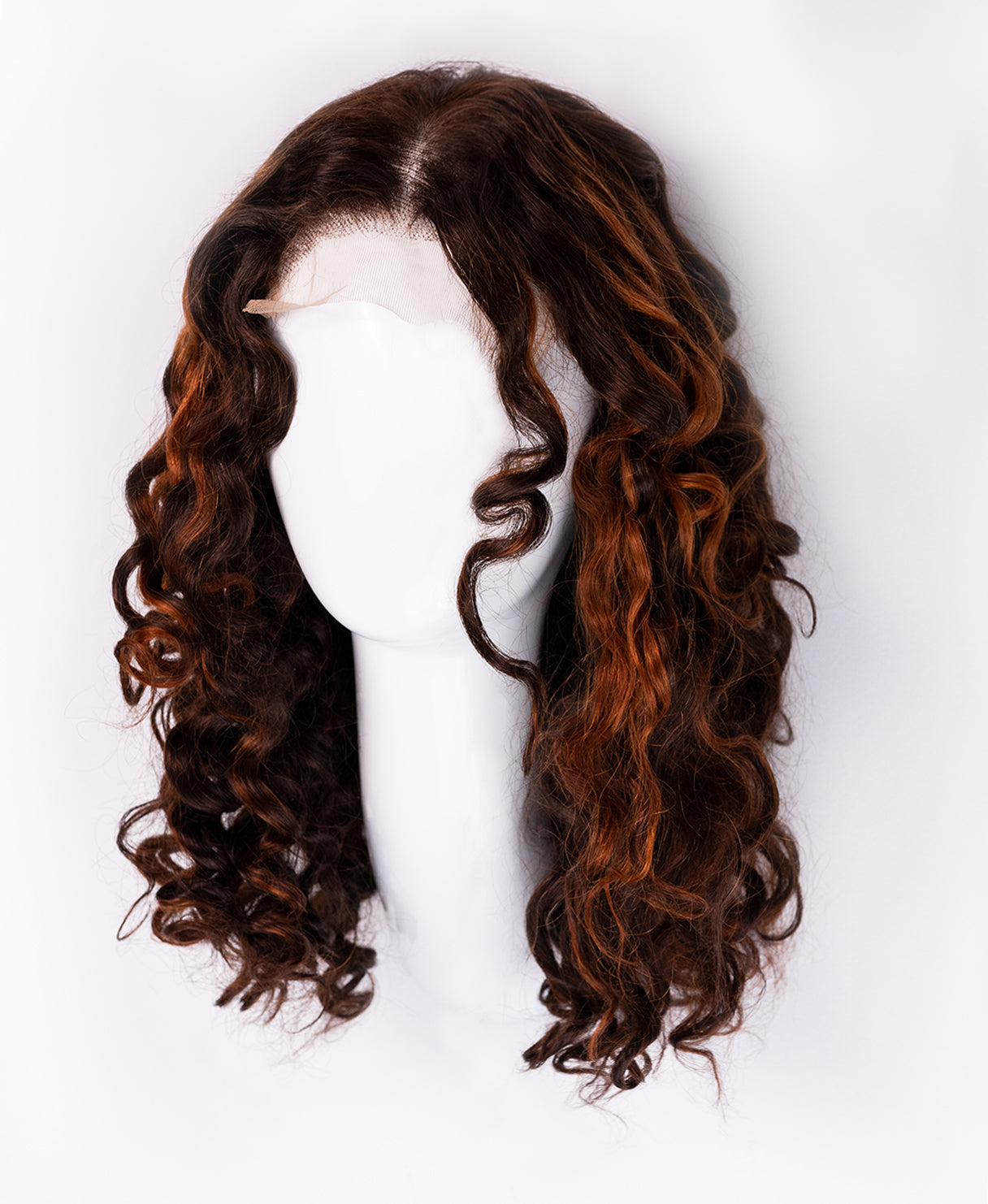 lace front human wig - 16" curly brown with highlights.