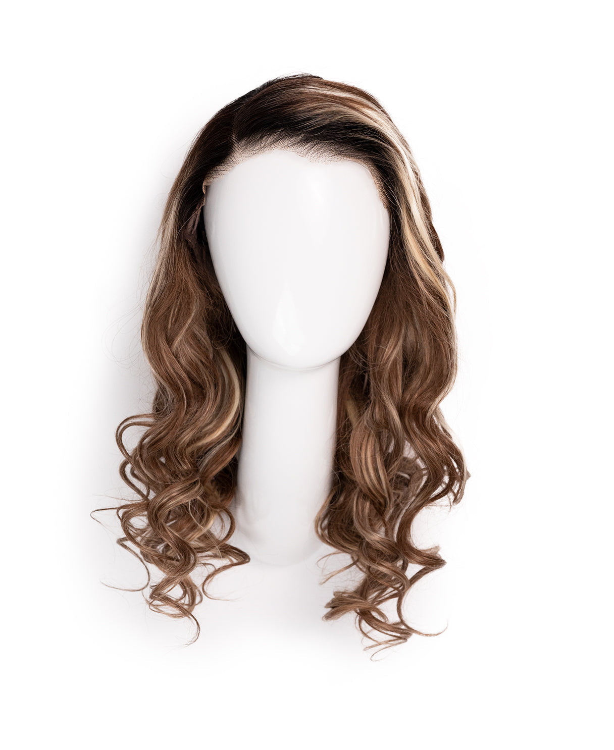 put on & go pre-cut lace wavy human wig - 20" bronzed highlights.