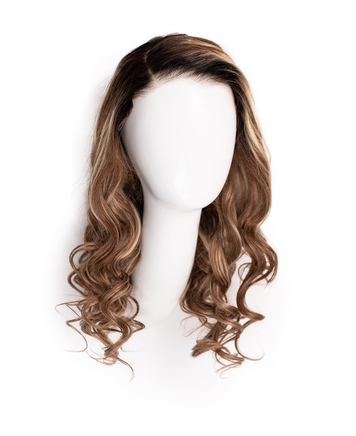 put on & go pre-cut lace wavy human wig - 20" bronzed highlights.