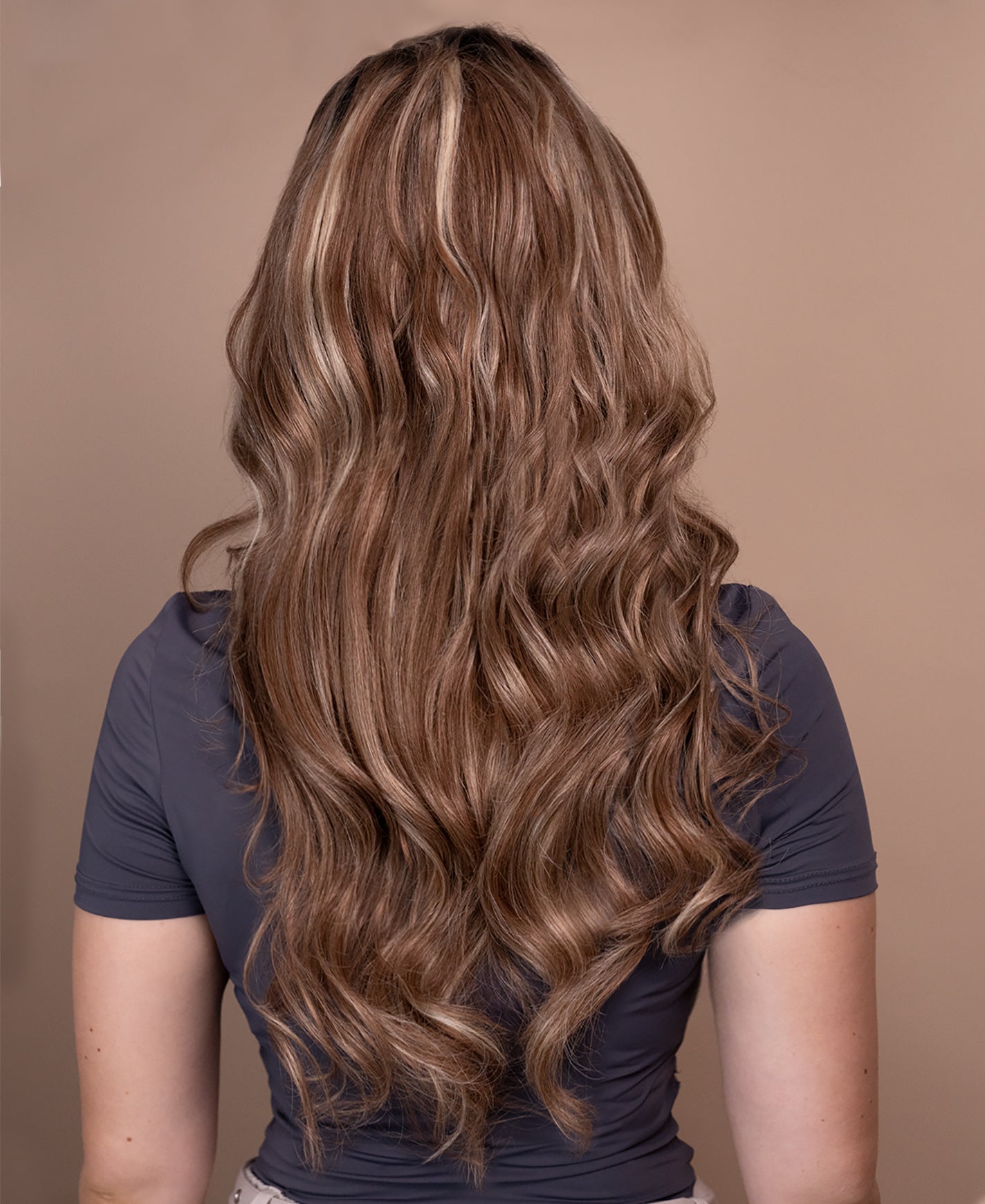 put on & go pre-cut lace wavy human wig - 24" bronzed highlights.