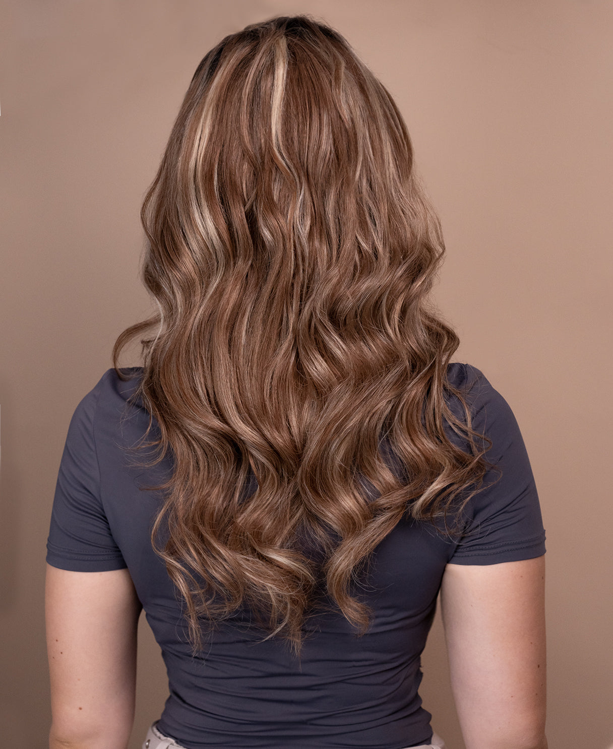 put on & go pre-cut lace wavy human wig - 20" bronzed highlights.