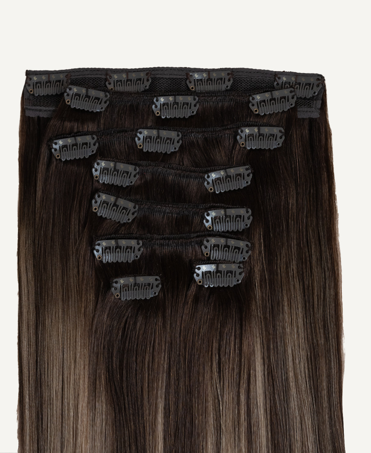 clip-in hair extensions ash brown balayage.