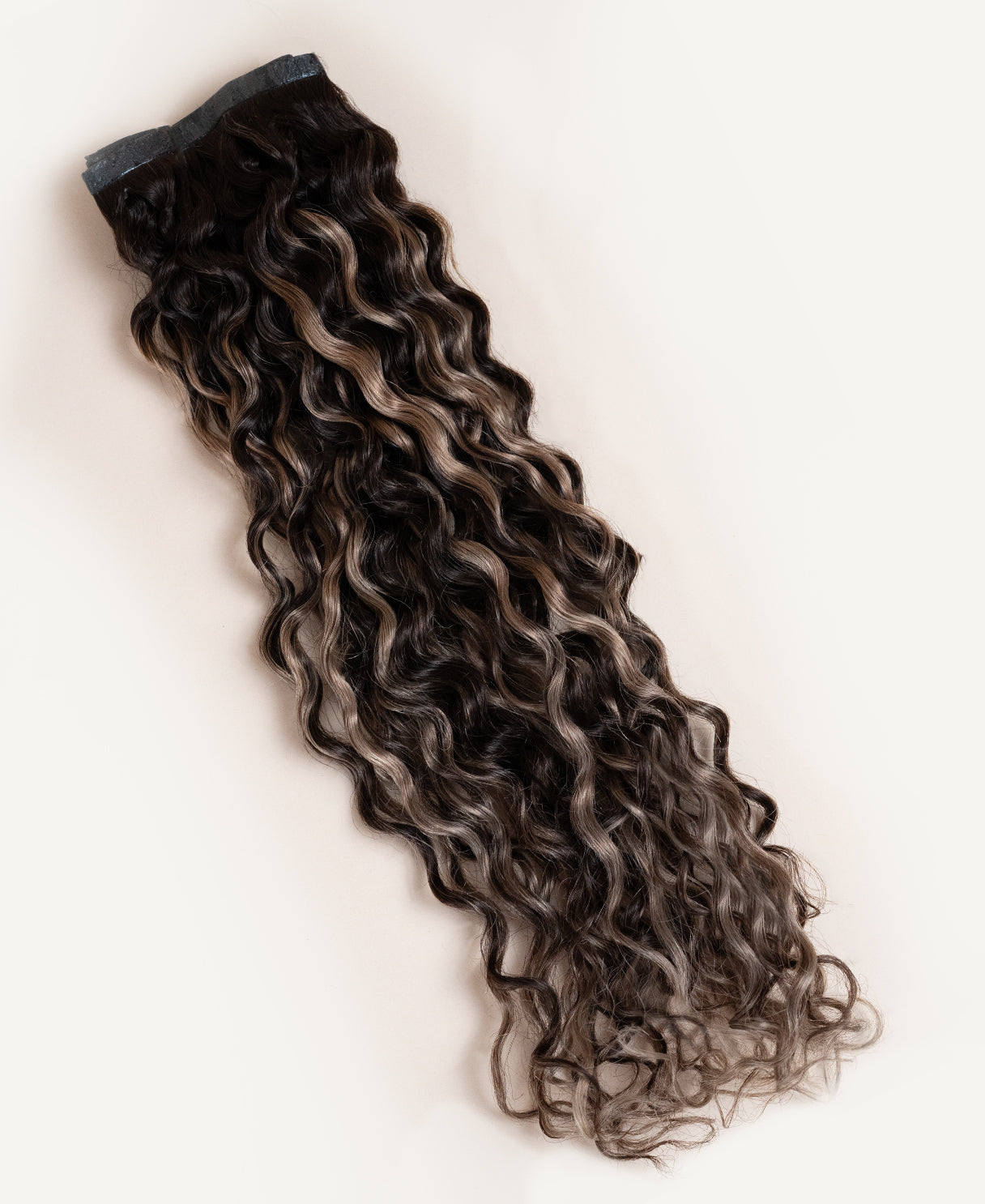curly (3A curls) invisible clip-in hair extensions ash brown balayage.