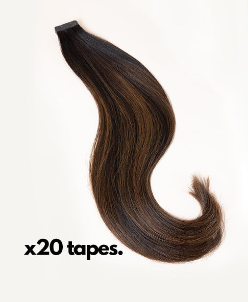 tape-in hair extensions mocha balayage.