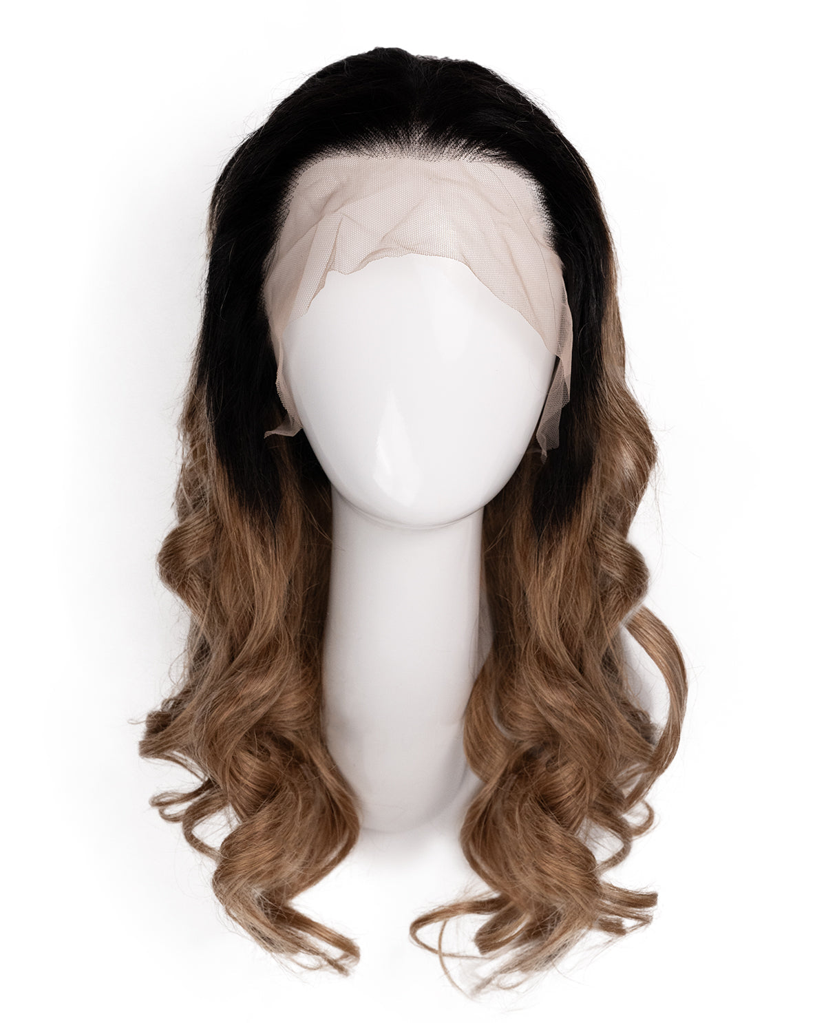 lace front human wig - 18" rooted caramel bouncy curls.