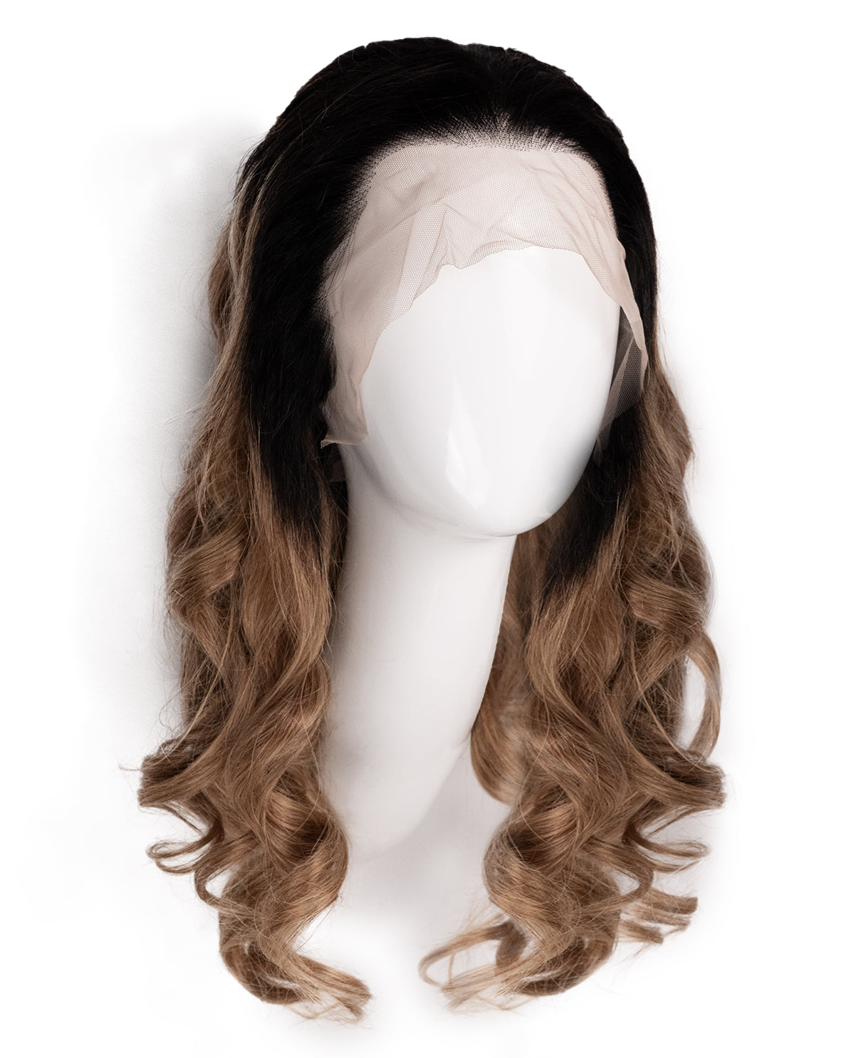 lace front human wig - 18" rooted caramel bouncy curls.