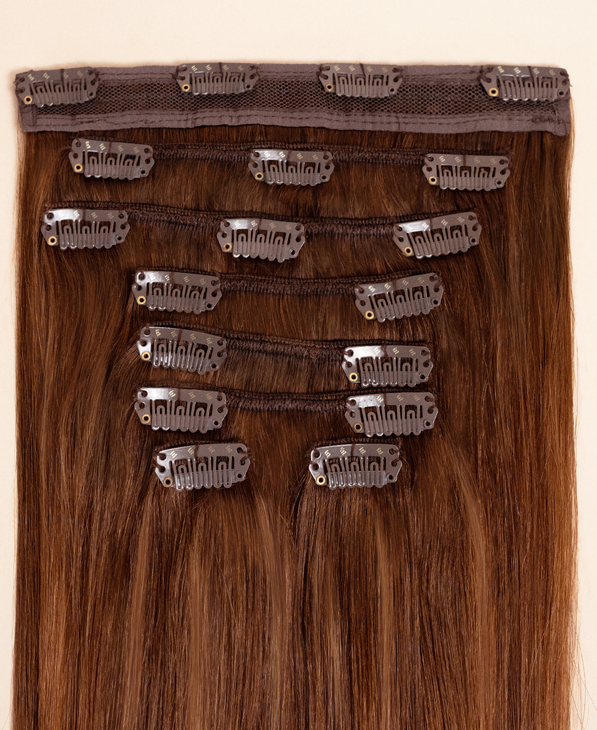 clip-in hair extensions chestnut balayage.