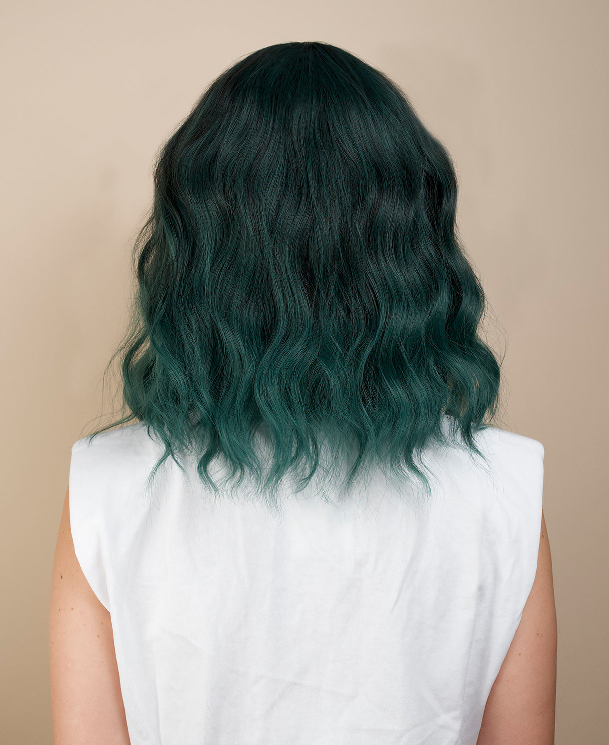 vegan fiber wig - 16" dimensional teal with fringe.