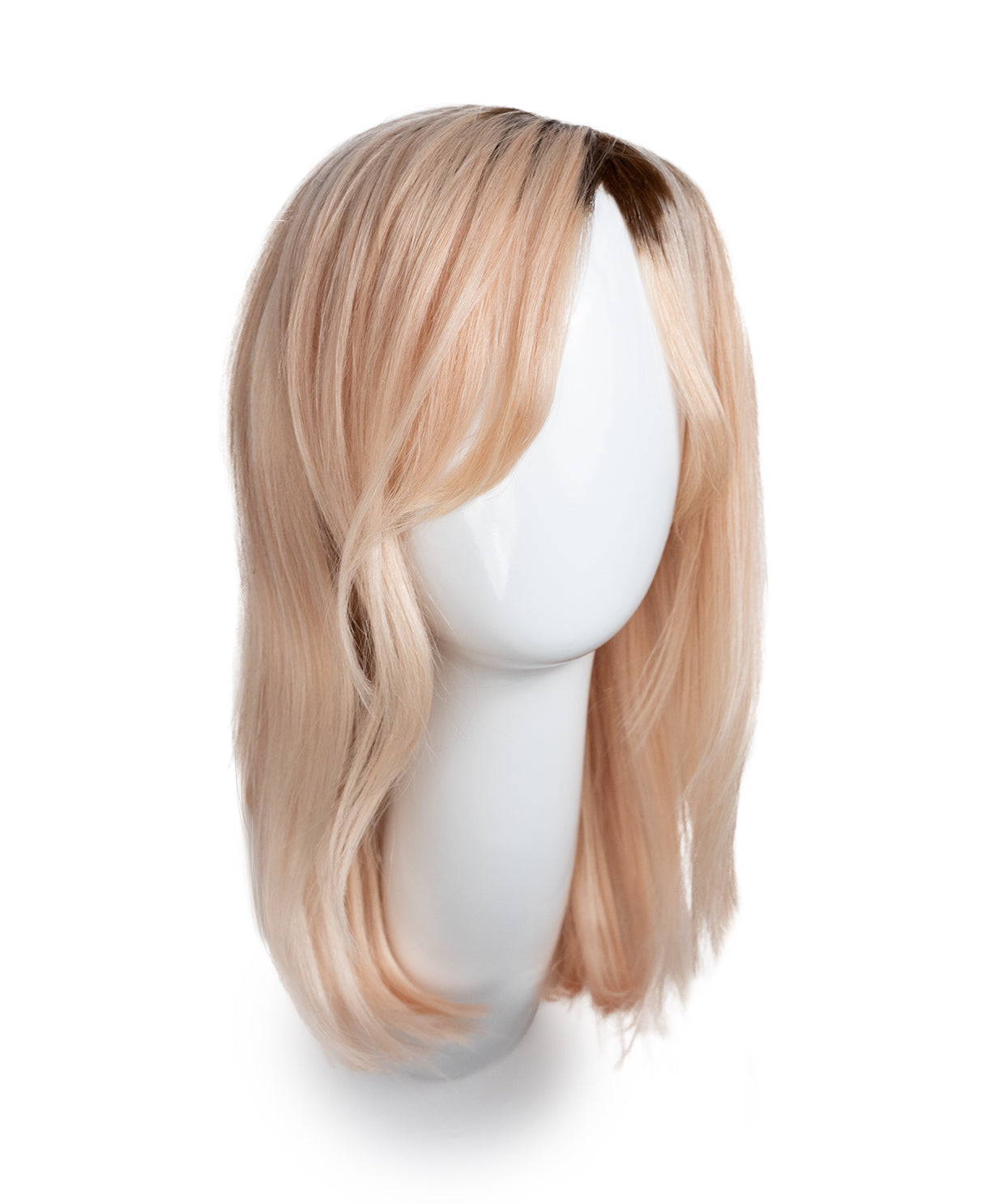 human hair wig with side bangs - 16" rooted blonde.