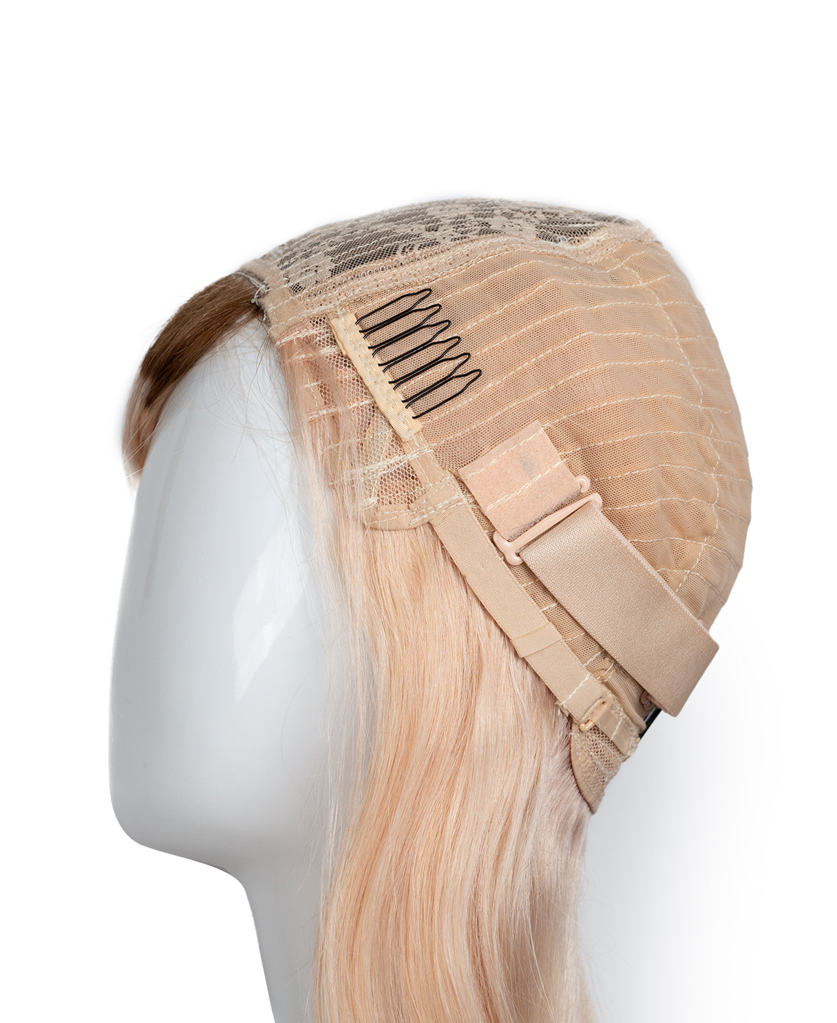 human hair wig with side bangs - 16" rooted blonde.