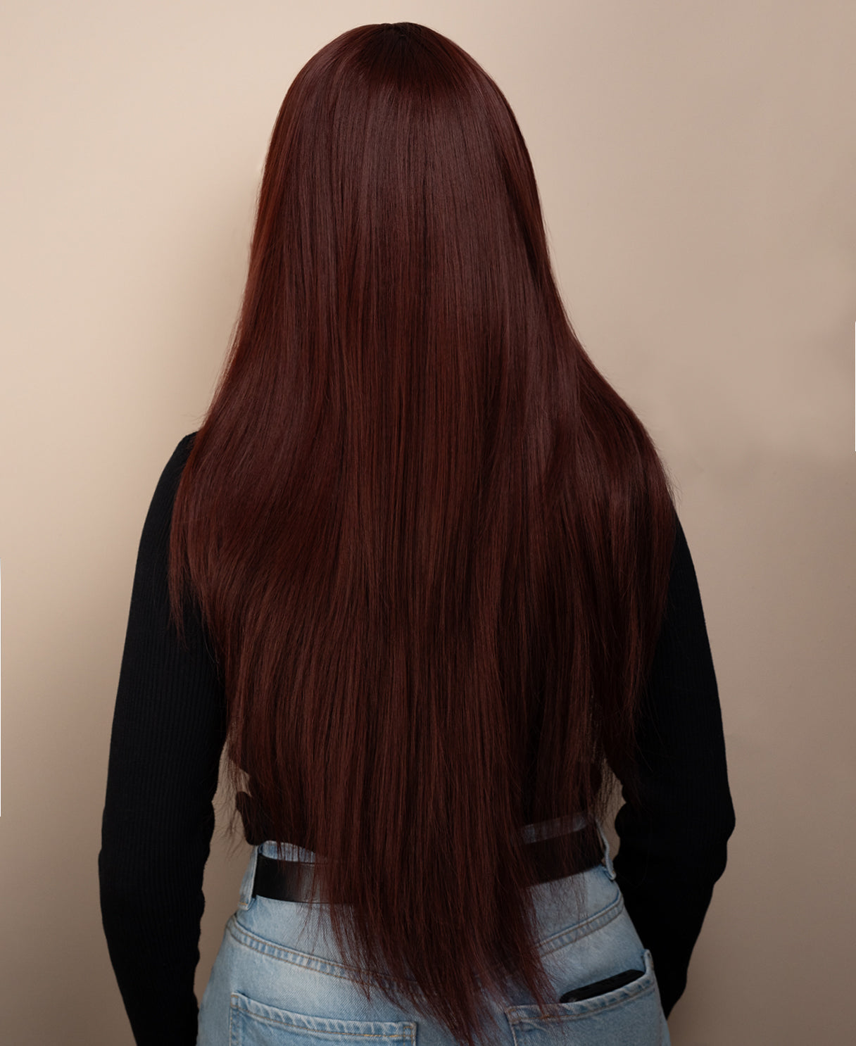 vegan fiber wig - 28" cherry red with long layers.
