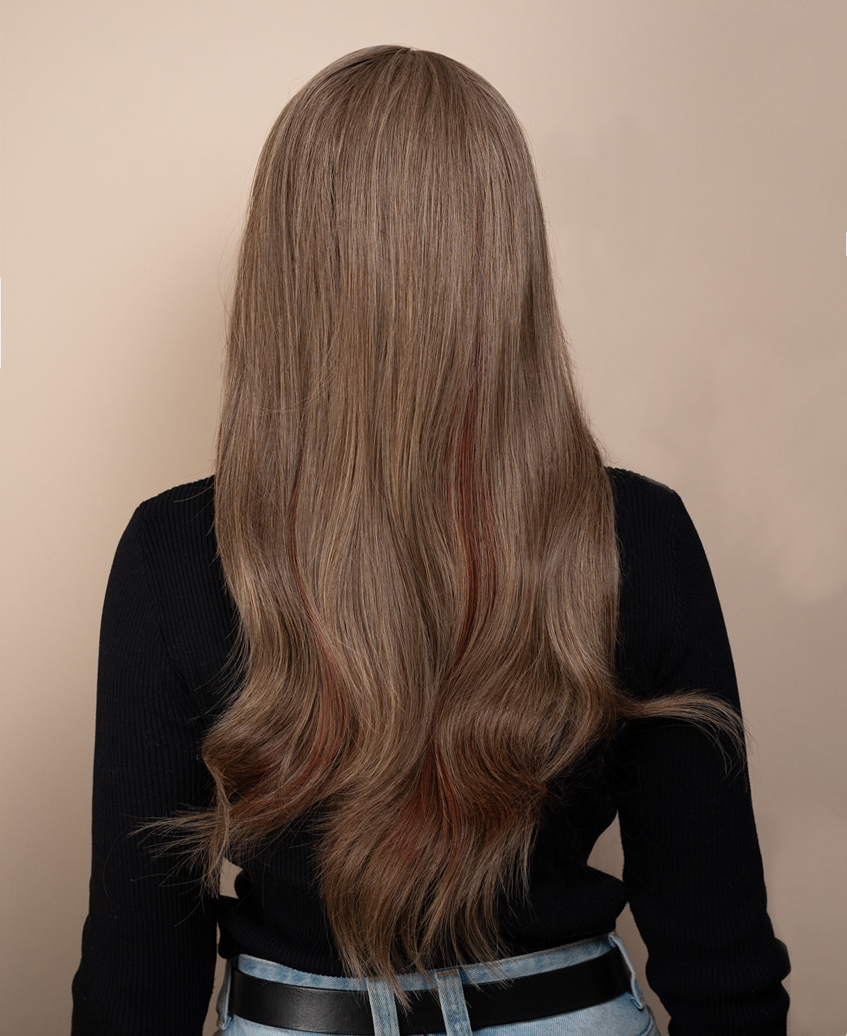 vegan fiber wig - 24" ash with red highlights and fringe.