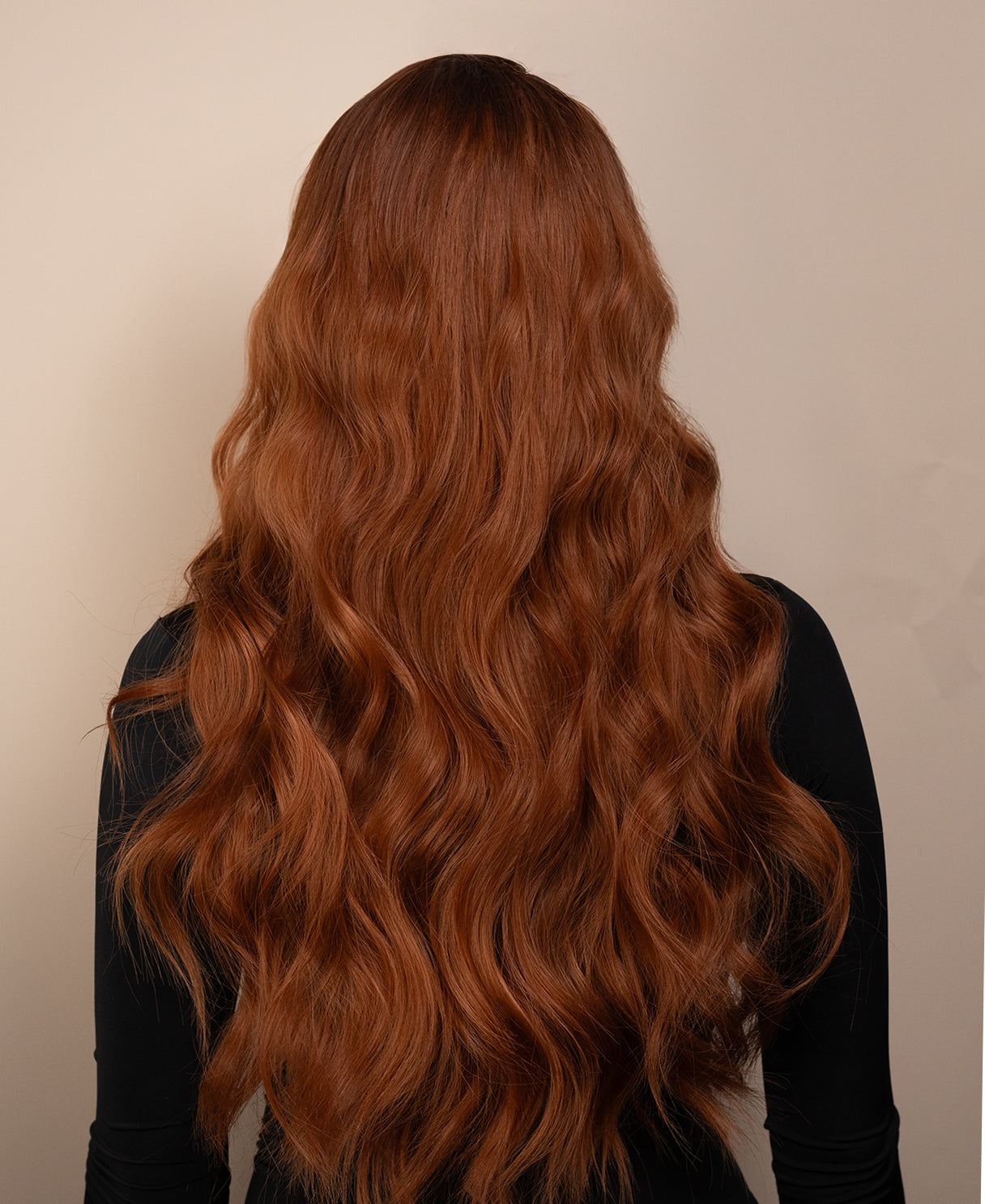 vegan fiber wig - 24" rooted pumpkin spice with curtain bangs.