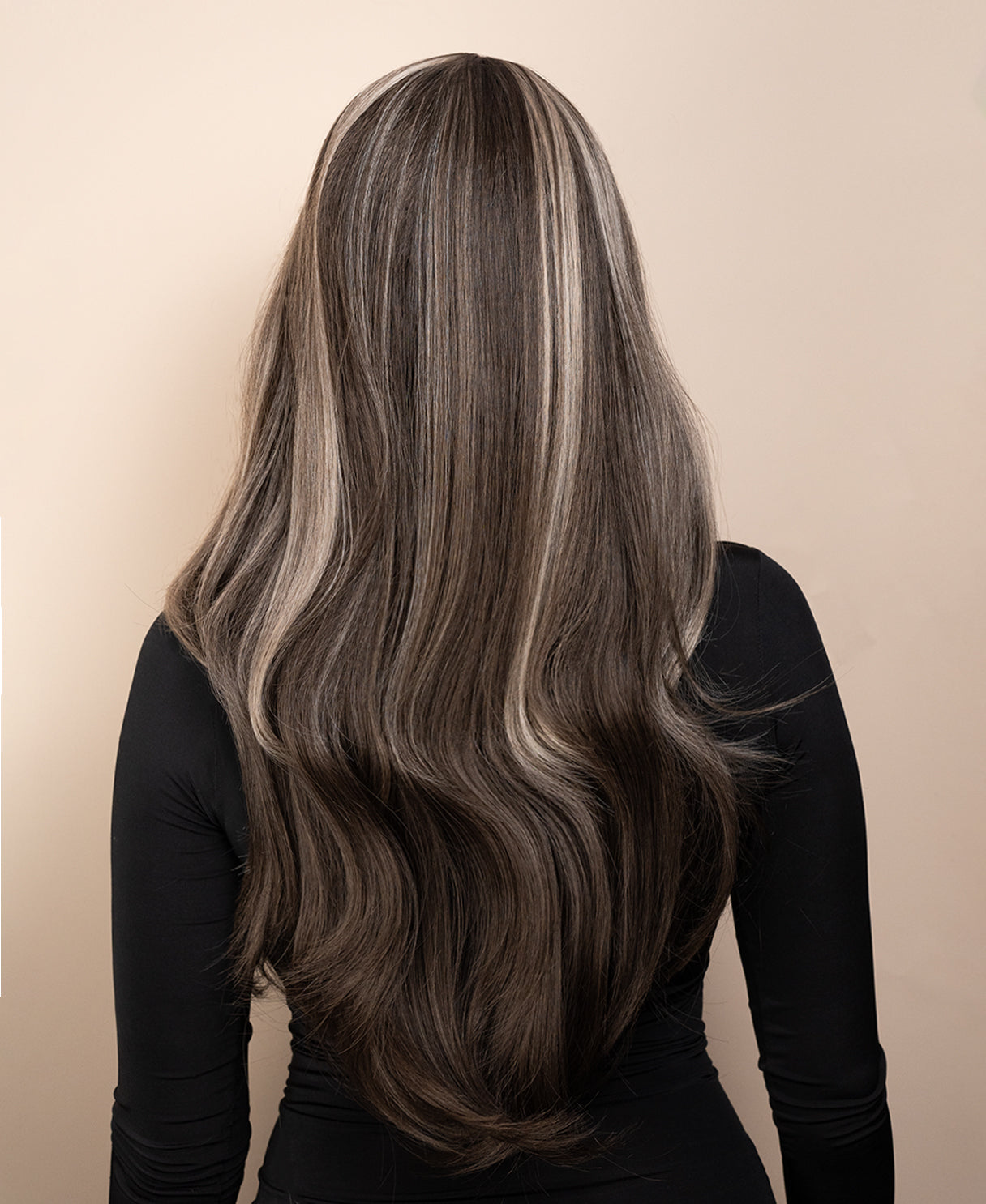 vegan fiber wig - 24" ash highlights with curtain bangs.