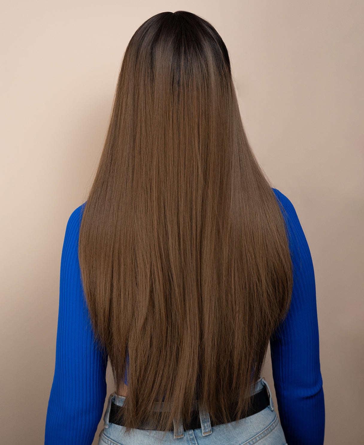 vegan fiber wig - 26" rooted ash brown with wispy bangs.