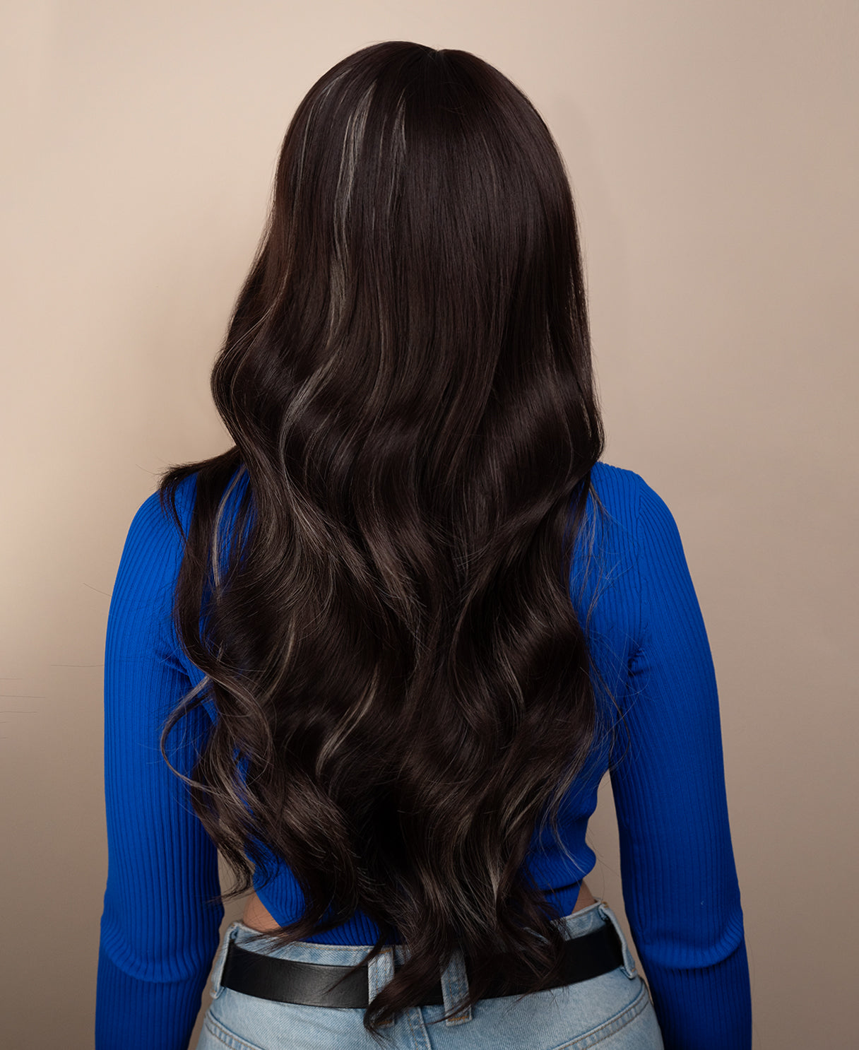 vegan fiber wig - 26" dark highlights with wispy bangs.