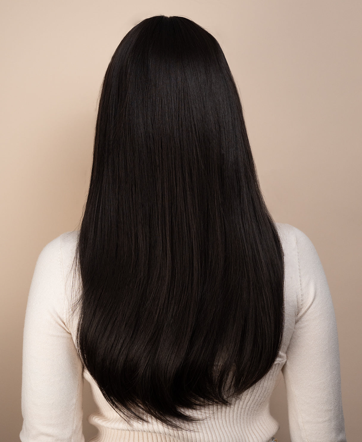 vegan fiber wig - 24" layered dark brown wig with curtain bangs.