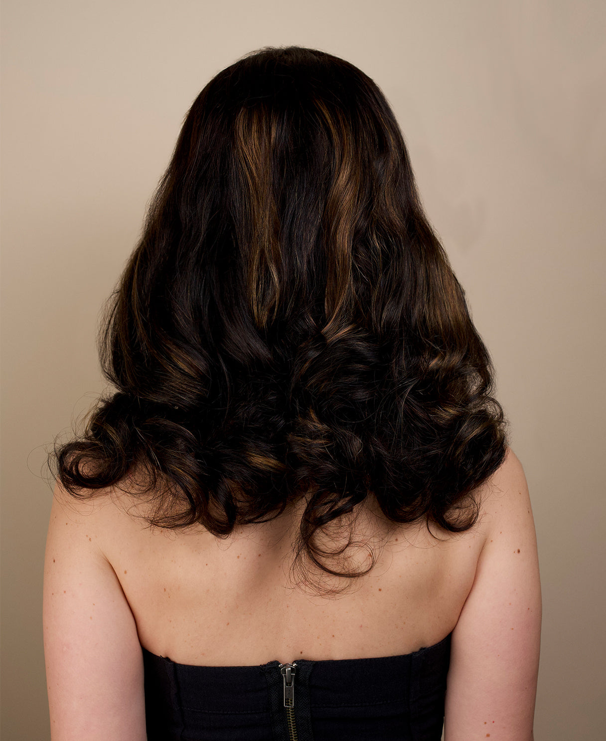 put on & go human wig - 16" brown melt with bangs.