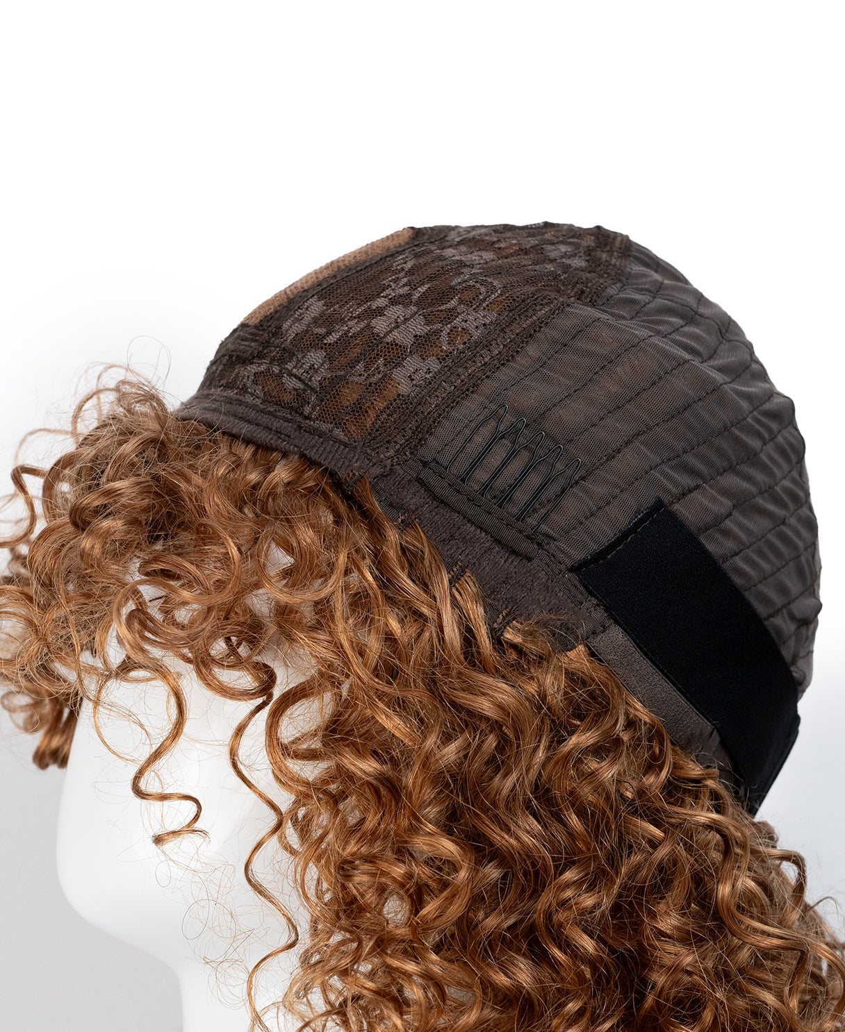 put on & go curly human wig - 14" strawberry blonde with bangs.