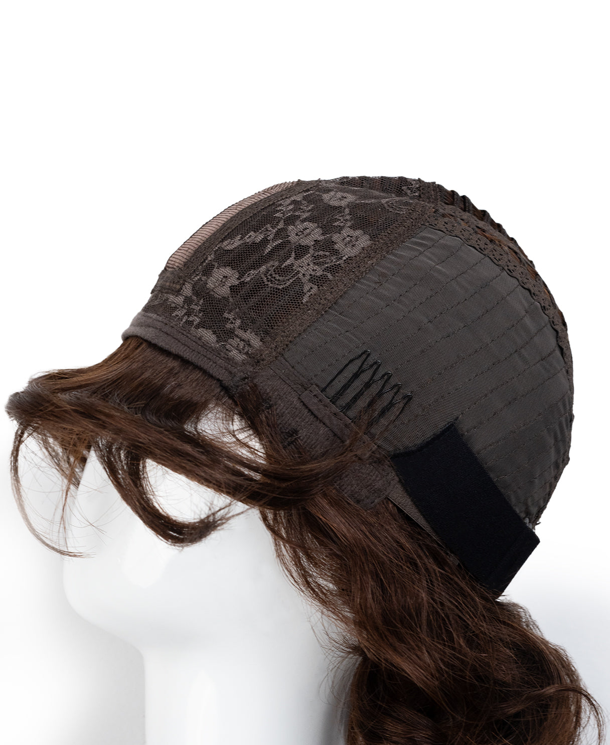 put on & go wavy human wig - 12" chocolate brown with curtain bangs.