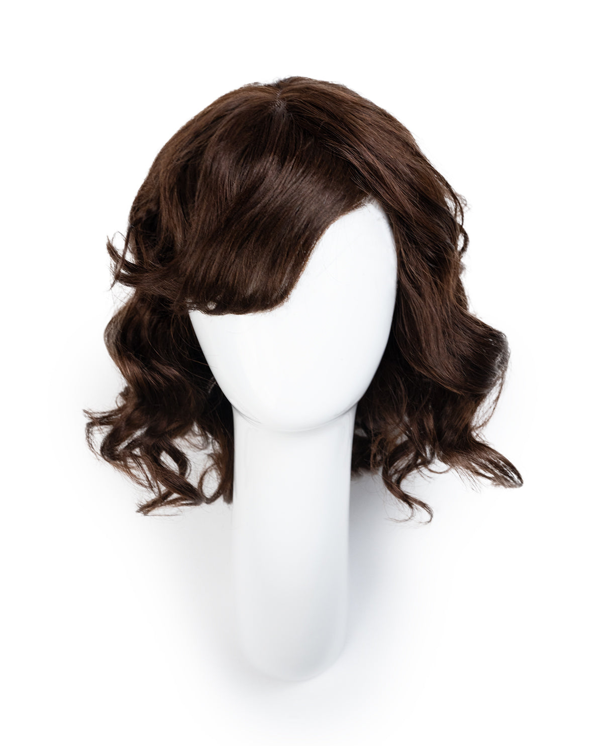 put on & go wavy human wig - 12" chocolate brown with curtain bangs.