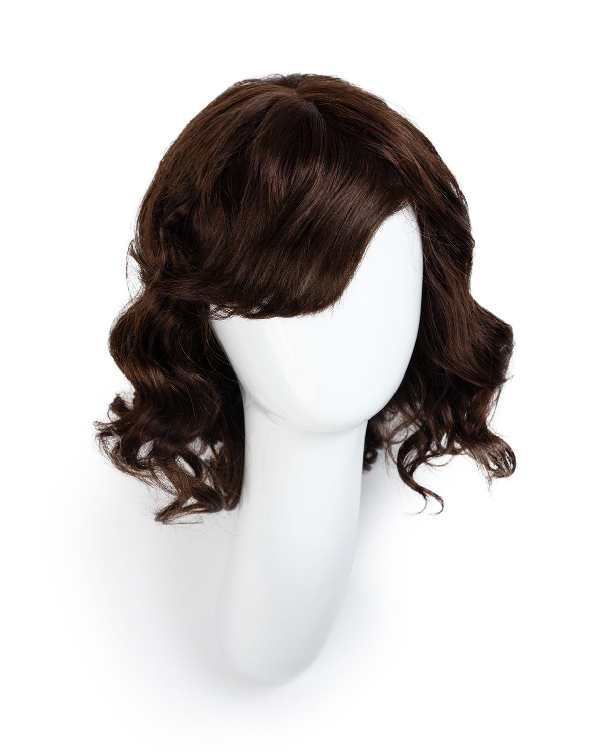 put on & go wavy human wig - 12" chocolate brown with curtain bangs.