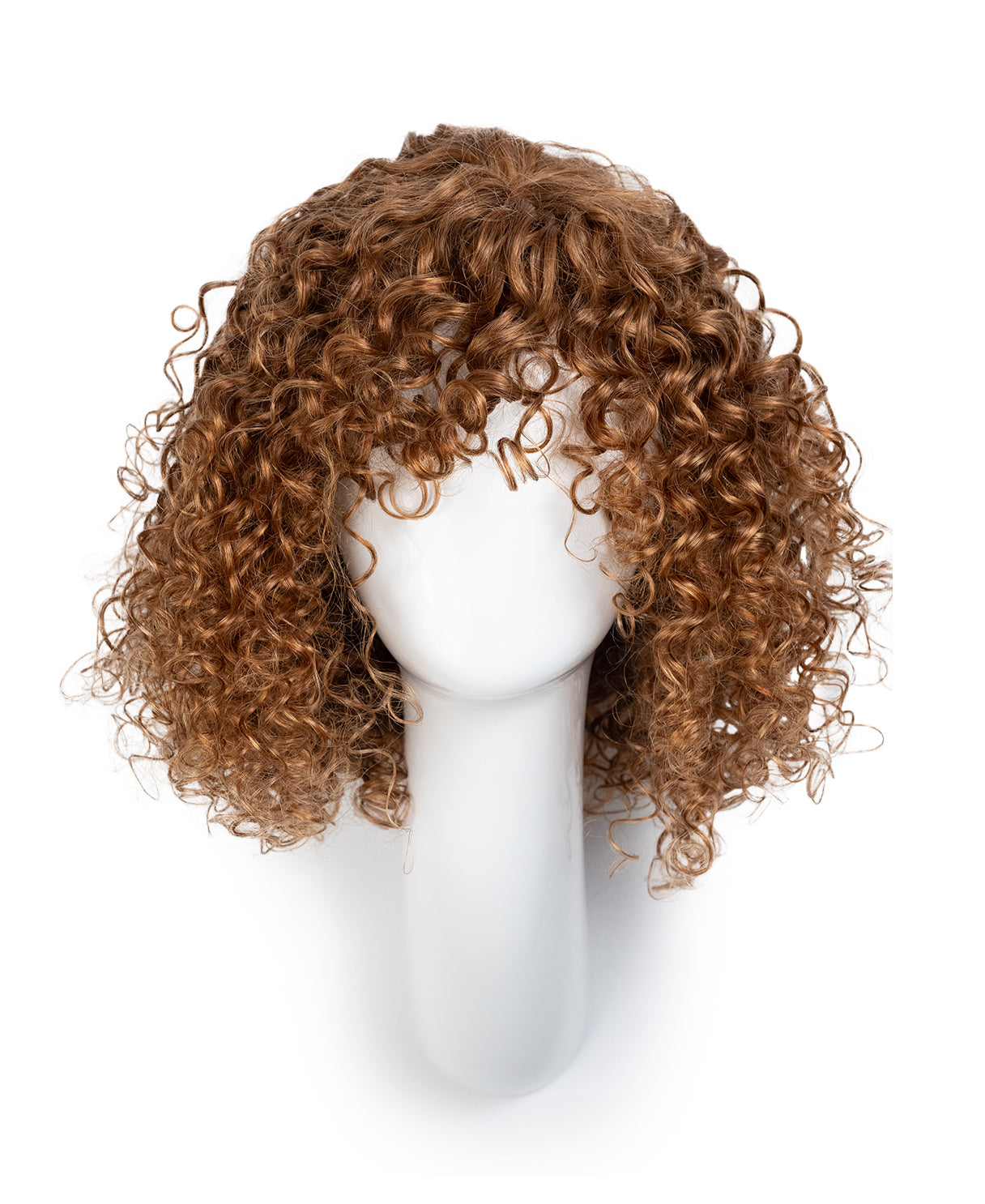 put on & go curly human wig - 14" strawberry blonde with bangs.