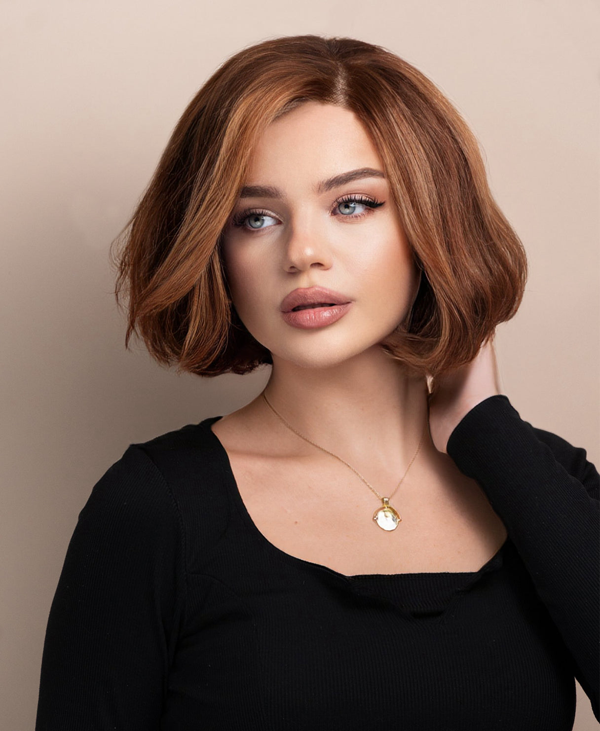 wedge bob human wig - 8" caramel highlights.